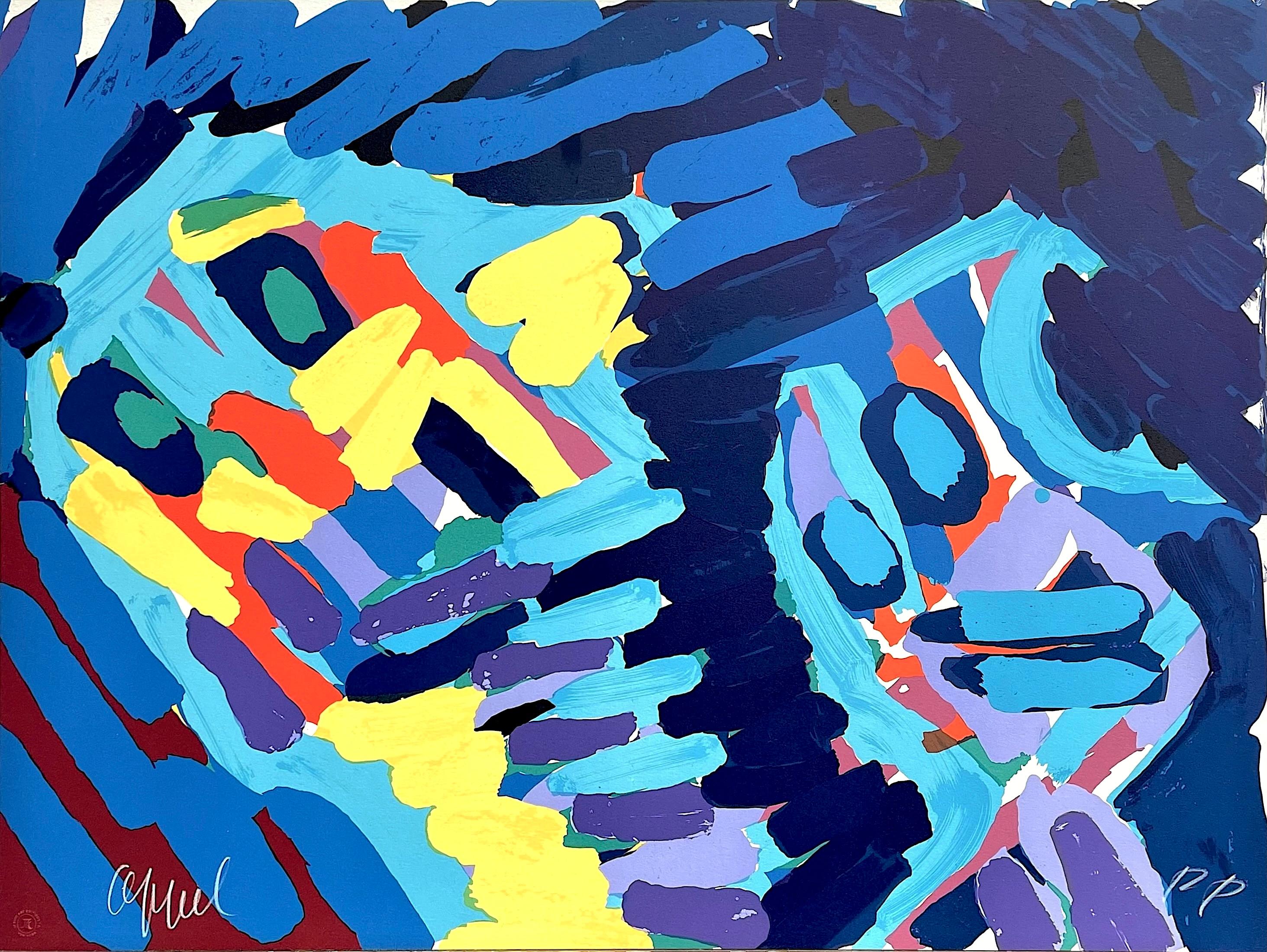 Karel Appel Figurative Print – MOVING IN THE NIGHT Signierte Lithographie, figurativ abstrakt, blau, gelb, orange