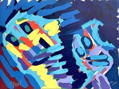 Lithographie « MOVING IN THE NIGHT » signée, abstrait figuratif, bleu, jaune, orange