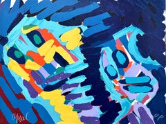 MOVING IN THE NIGHT Litografia firmata, Figurativa astratta, Blu, Giallo, Arancione