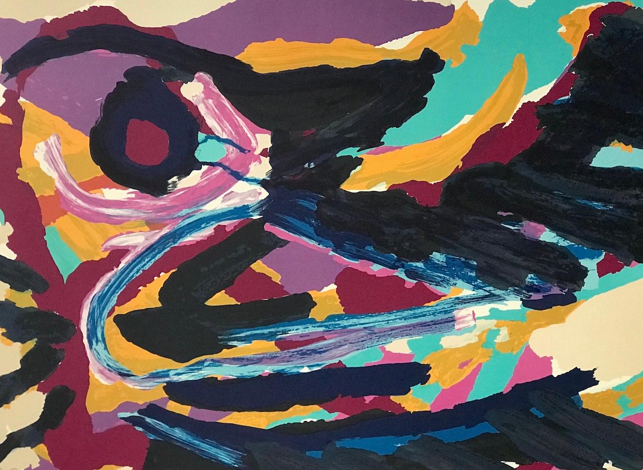 NESTING BIRD Signed Lithograph, Abstract Bird, Black Turquoise Purple Yellow - Print by Karel Appel