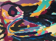 PÁJARO ANIDANDO Litografía firmada, Pájaro abstracto, Negro Turquesa Púrpura Amarillo