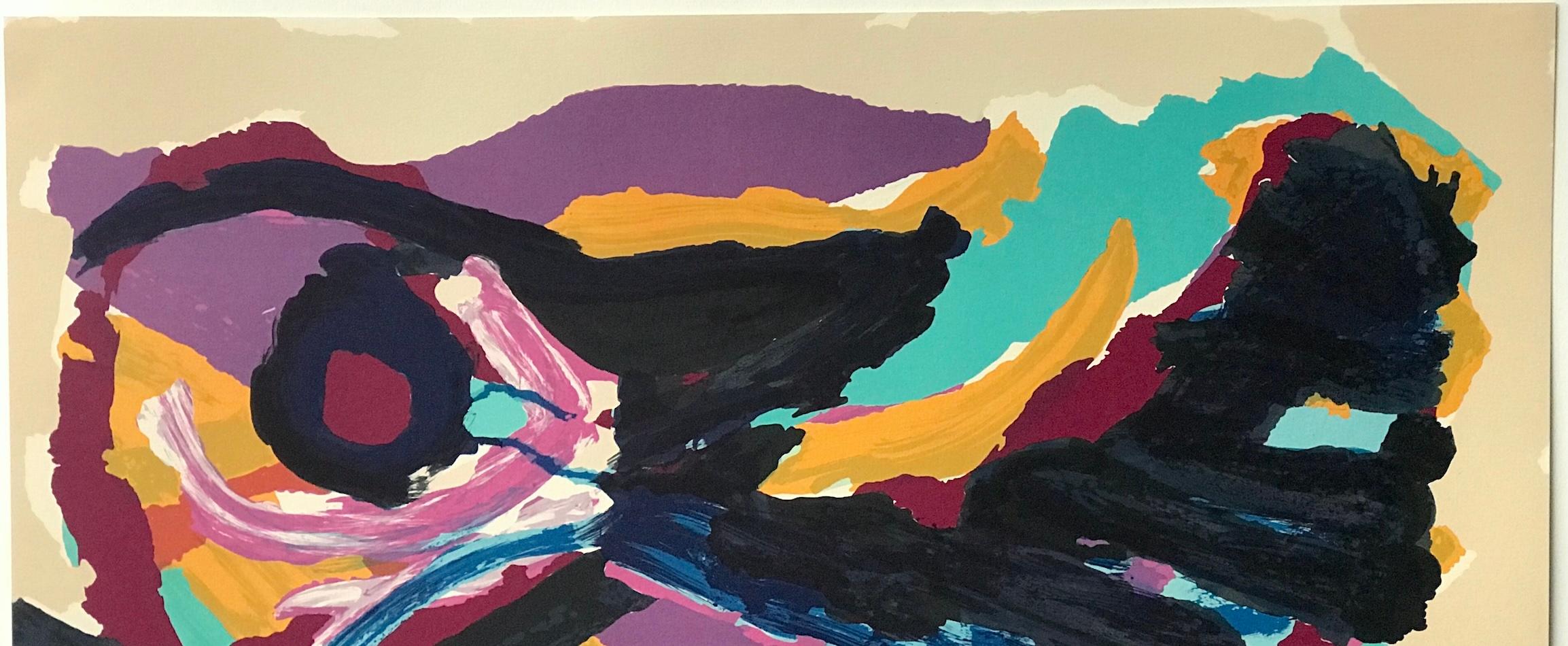 NESTING BIRD is an original limited edition lithograph by the Dutch artist Karel Appel printed using hand lithography techniques on Arches paper, 100% acid free. NESTING BIRD is a lively, multi-color abstract bird expressed in strokes of bold black,