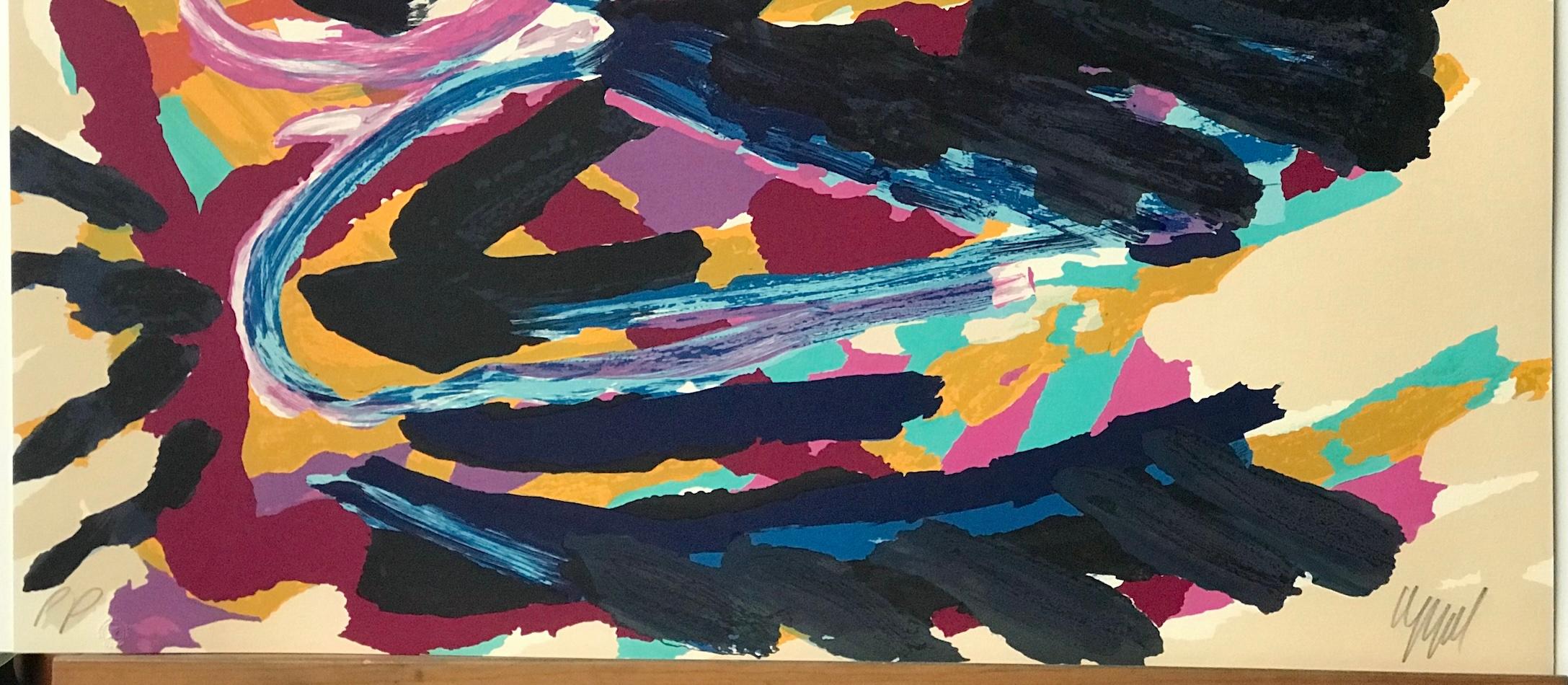 NESTING BIRD Signed Lithograph, Abstract Bird, Black Turquoise Purple Yellow For Sale 1