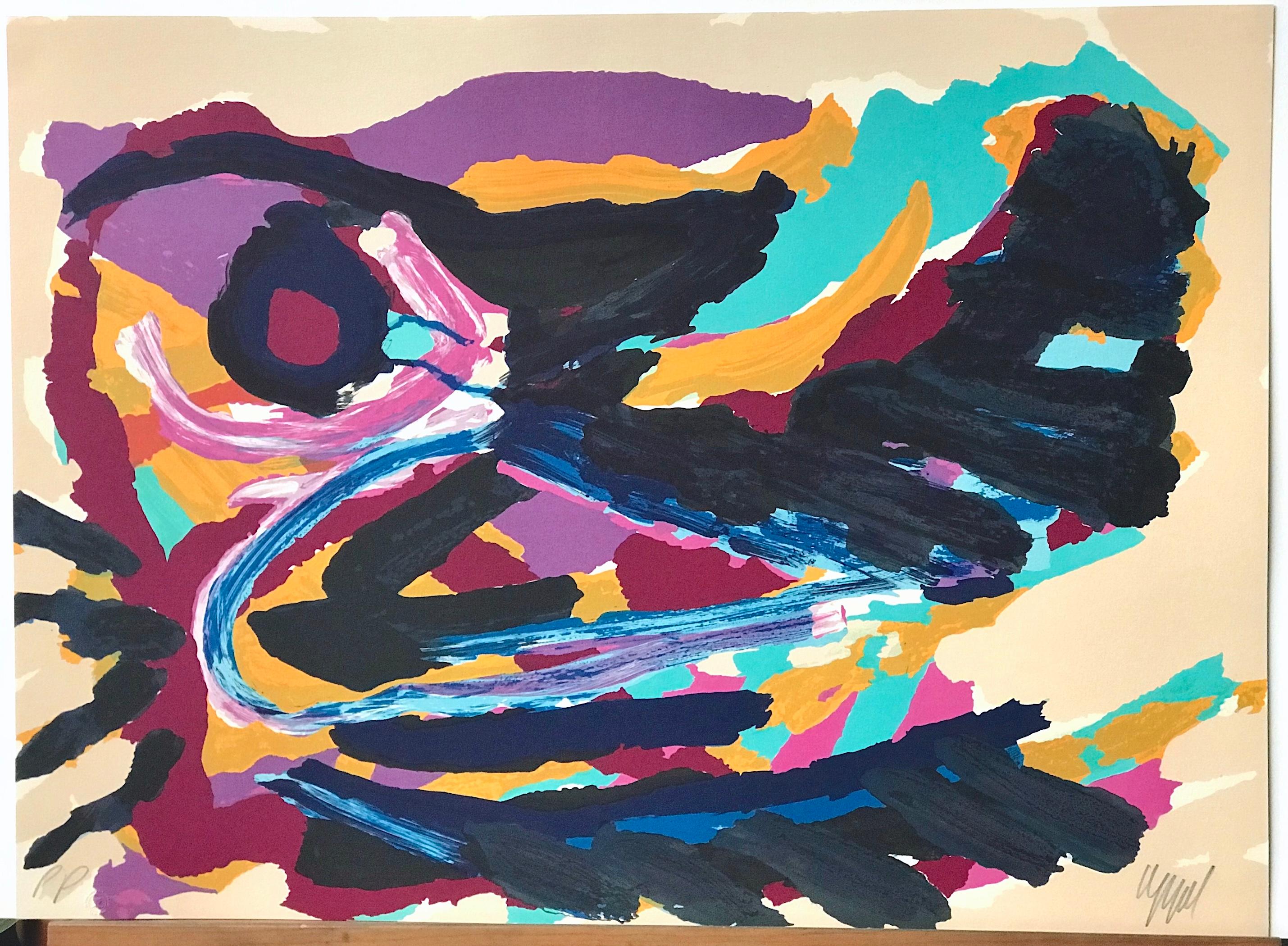 Lithographie signée NESTING BIRD, oiseau abstrait, noir turquoise violet jaune en vente 3