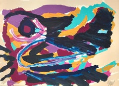 Lithographie signée NESTING BIRD, oiseau abstrait, noir turquoise violet jaune