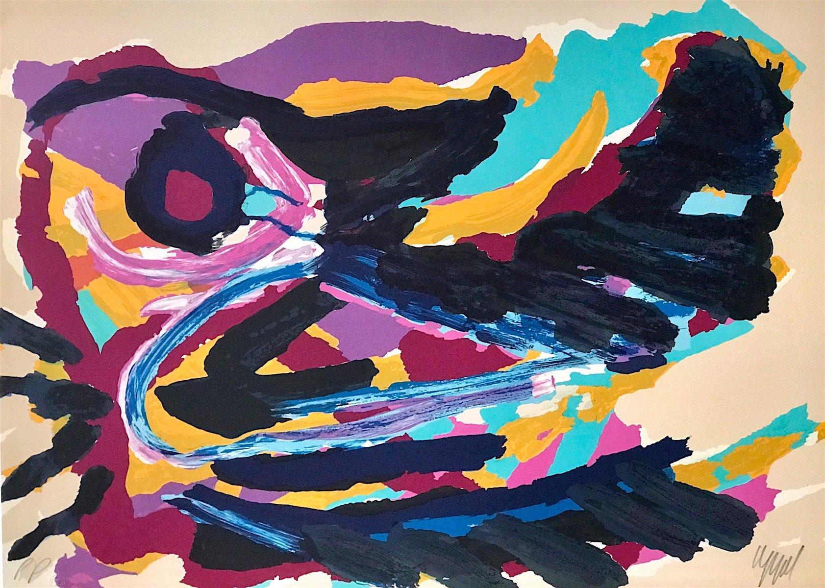 Animal Print Karel Appel - NESTING BIRD - Lithographie signée, oiseau abstrait, noir, turquoise, violet et jaune 