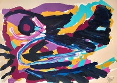 NESTING BIRD, signierte Lithographie, abstrakter Vogel, schwarzer Türkis, lila und gelb 