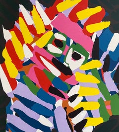 NIGHT ANIMAL Signed Lithograph, Abstract Cat, Color Stripes Pink Yellow Red Blue