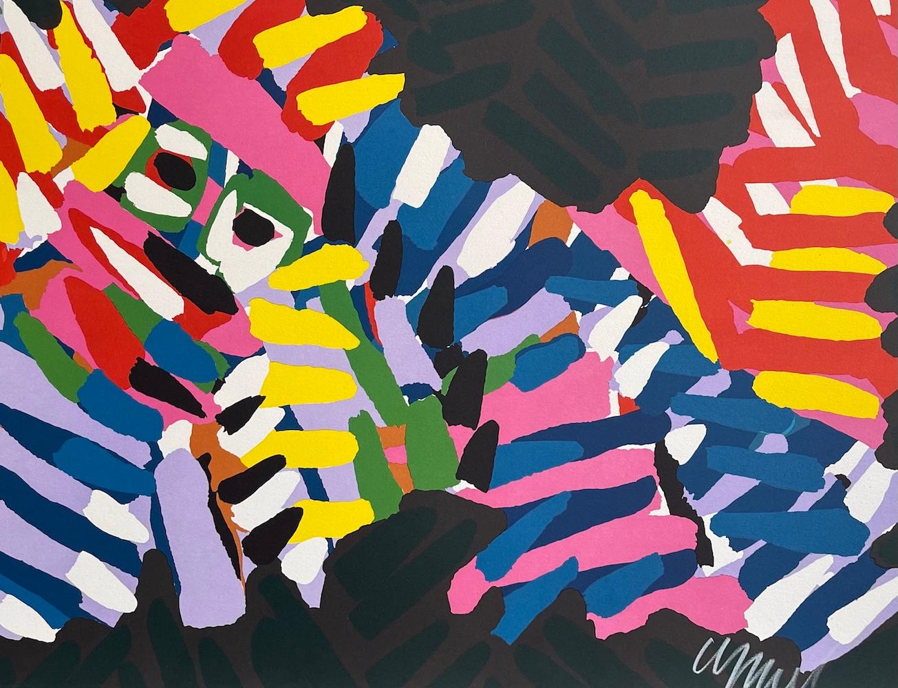 Lithographie signée NIGHT ANIMAL, chat abstrait, rayures de couleur rose, jaune, rouge et bleu - Abstrait Print par Karel Appel