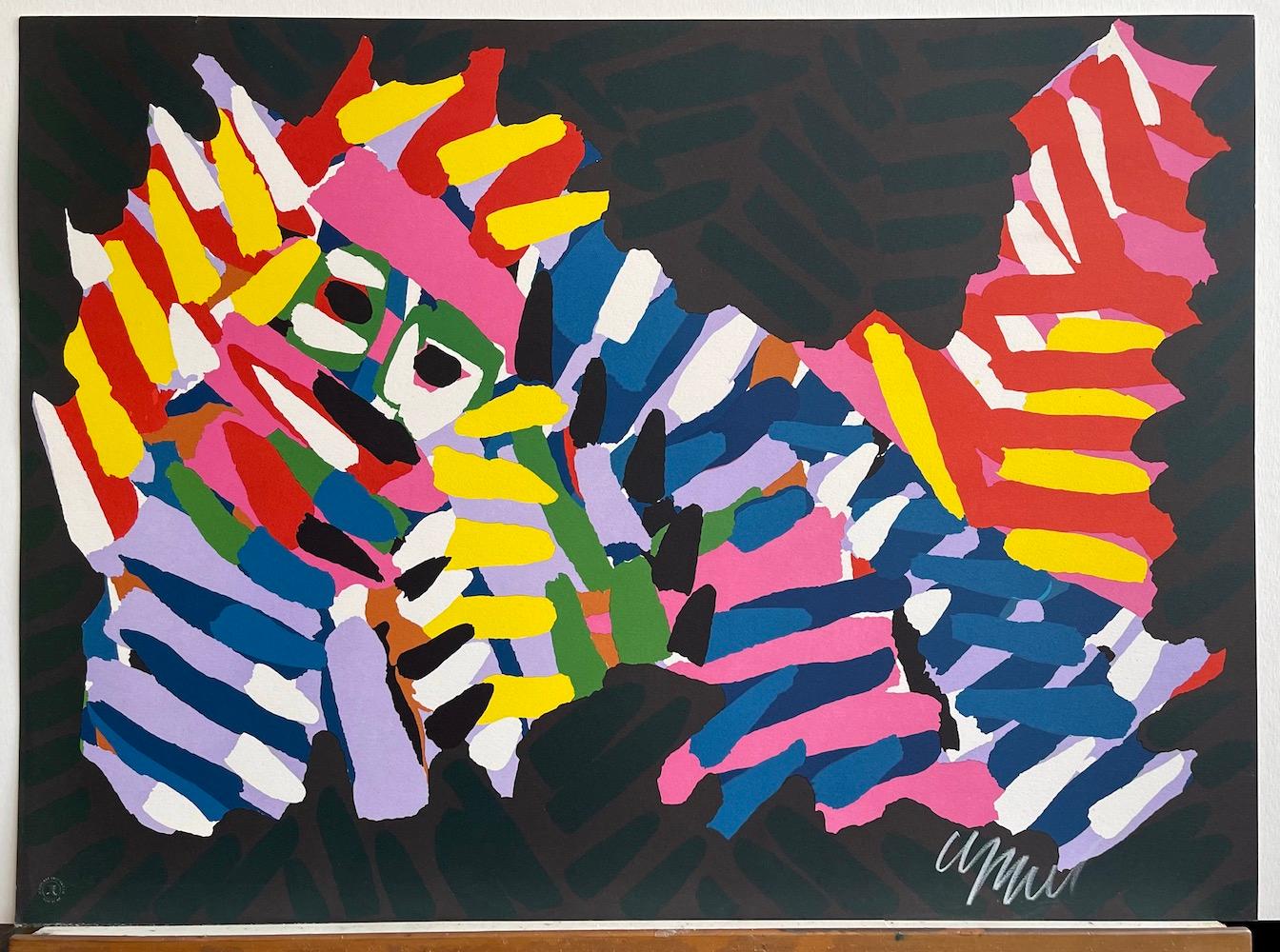 NIGHT ANIMAL Signed Lithograph, Abstract Cat, Color Stripes Pink Yellow Red Blue For Sale 1