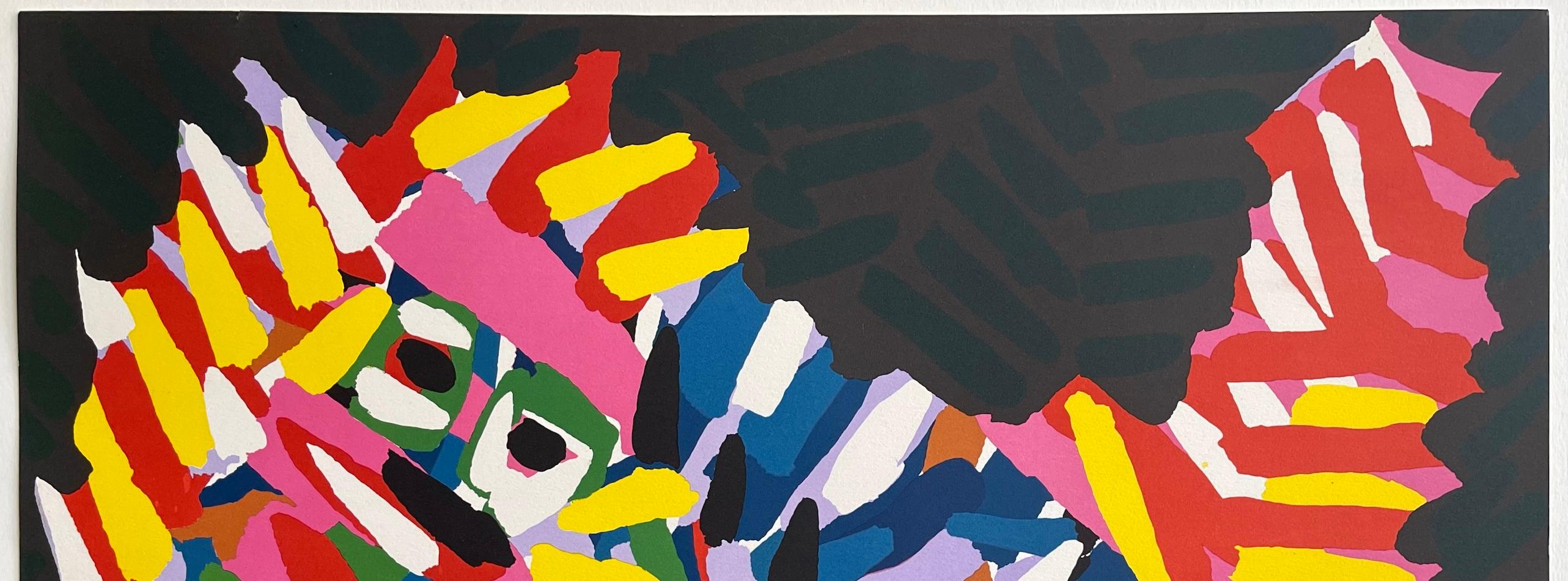 Lithographie signée NIGHT ANIMAL, chat abstrait, rayures de couleur rose, jaune, rouge et bleu en vente 1
