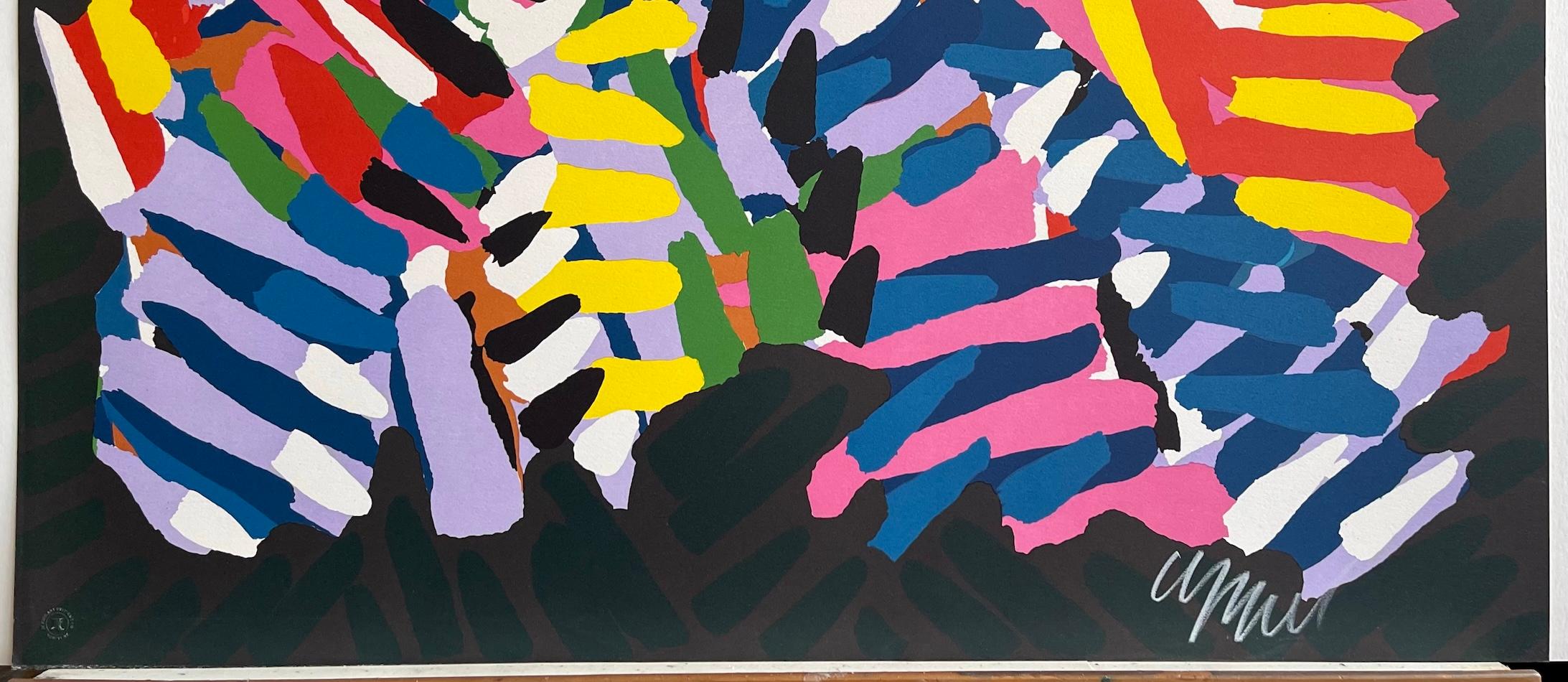Lithographie signée NIGHT ANIMAL, chat abstrait, rayures de couleur rose, jaune, rouge et bleu en vente 2