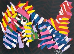 NIGHT ANIMAL Signed Lithograph, Abstract Cat, Color Stripes Pink Yellow Red Blue