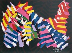 NIGHT ANIMAL Signierte Lithographie, Abstrakte Katze, Farbstreifen Rosa Gelb Rot Blau