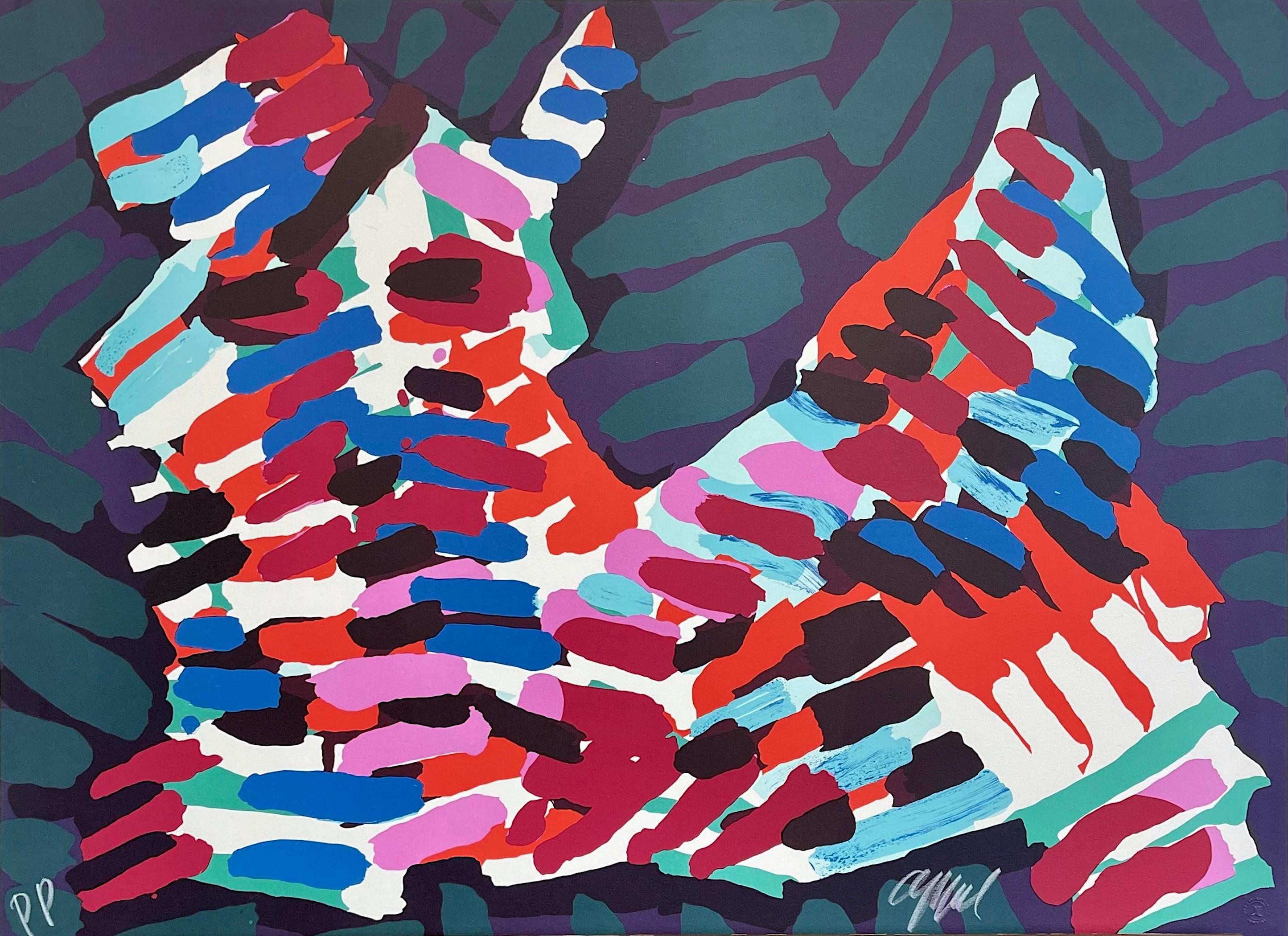 GATO NOCTURNO Litografía firmada, Animal abstracto, Retrato de gato a rayas, Artista CoBrA