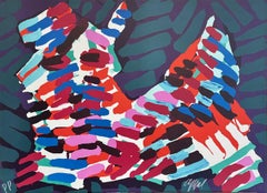 NIGHT CAT Signierte Lithographie, Abstraktes Tier, gestreiftes Katzenporträt, CoBrA-Künstler