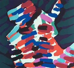 NIGHT CAT Signed Lithograph, Abstract Animal, Striped Cat Portrait, CoBrA Artist