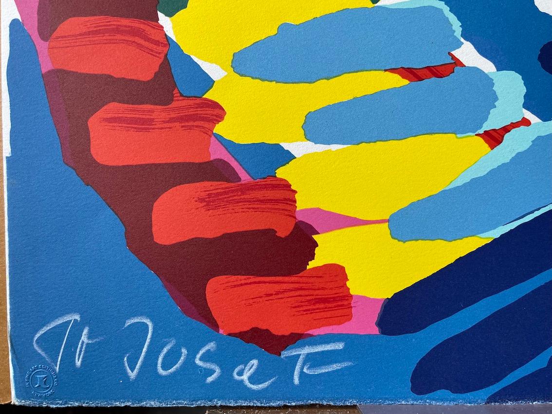 Lithographie signée « ONCE I WAS THE SUN », visage abstrait, rose vif, bleu, jaune et rouge - Abstrait Print par Karel Appel