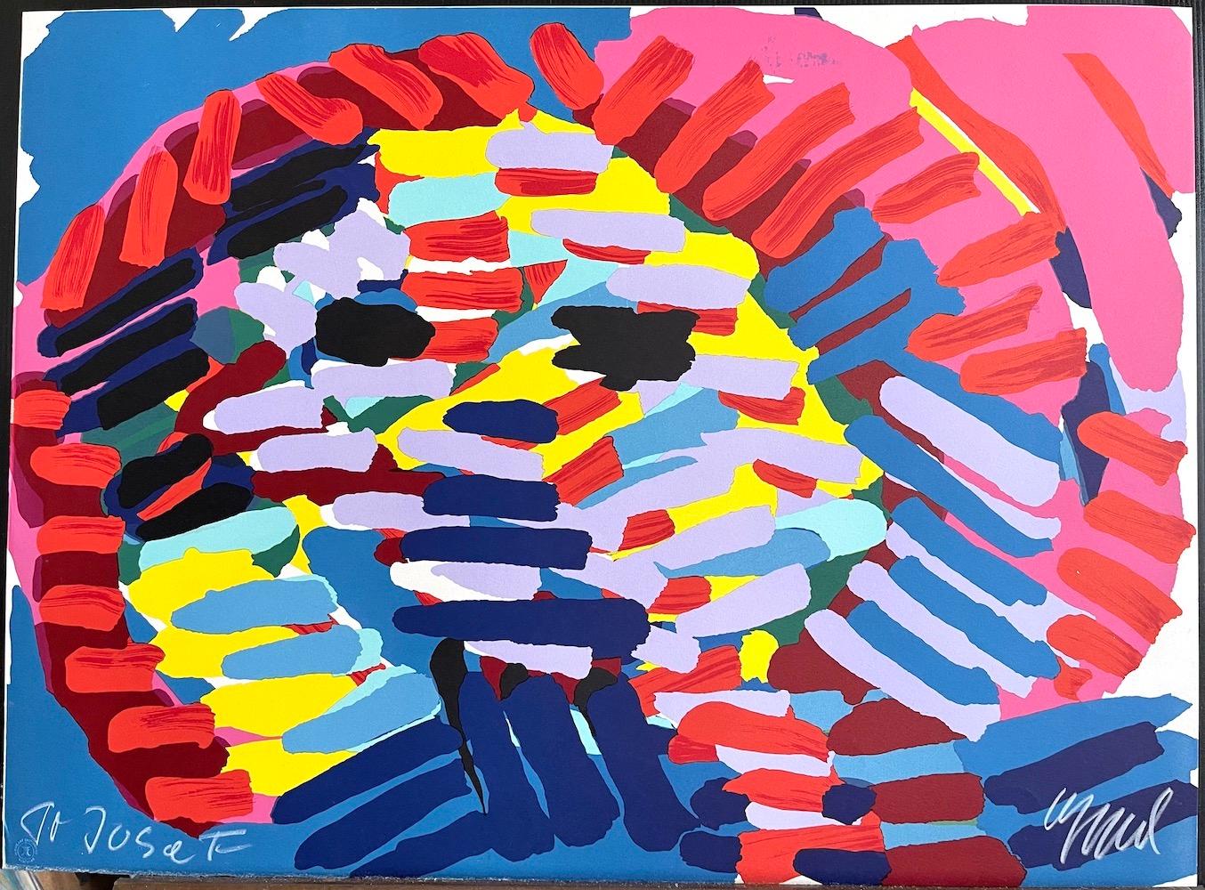 ONCE I WAS THE SUN Signed Lithograph, Abstract Face, Hot Pink Blue Yellow Red For Sale 2
