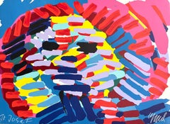 ONCE I WAS THE SUN Signed Lithograph, Abstract Face, Hot Pink Blue Yellow Red