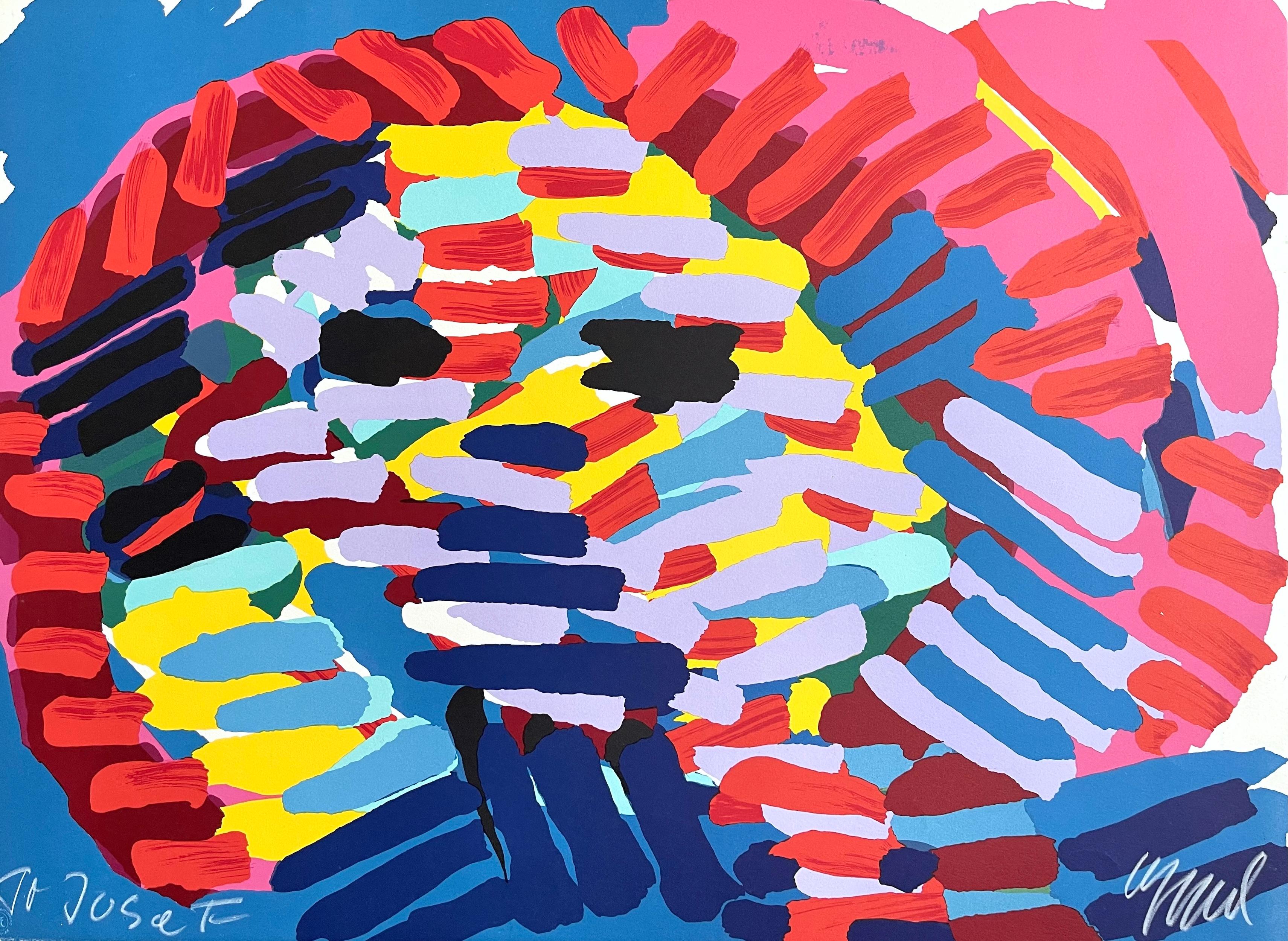 Karel Appel Abstract Print - ONCE I WAS THE SUN Signed Lithograph, Abstract Face, Hot Pink Blue Yellow Red