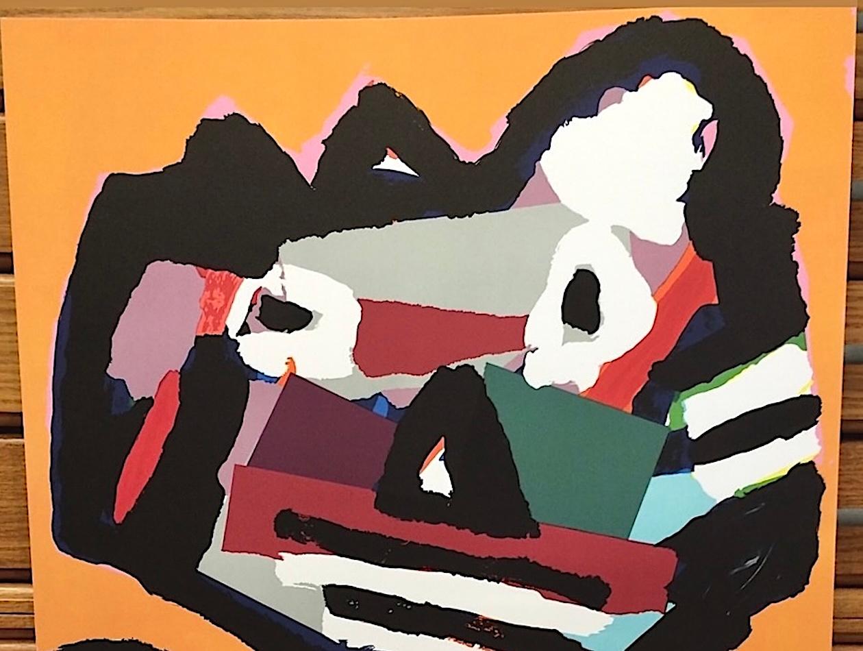 PERSONAGGIO ARANCIONE Litografia firmata, ritratto astratto di gatto, collage di colori vivaci in vendita 1