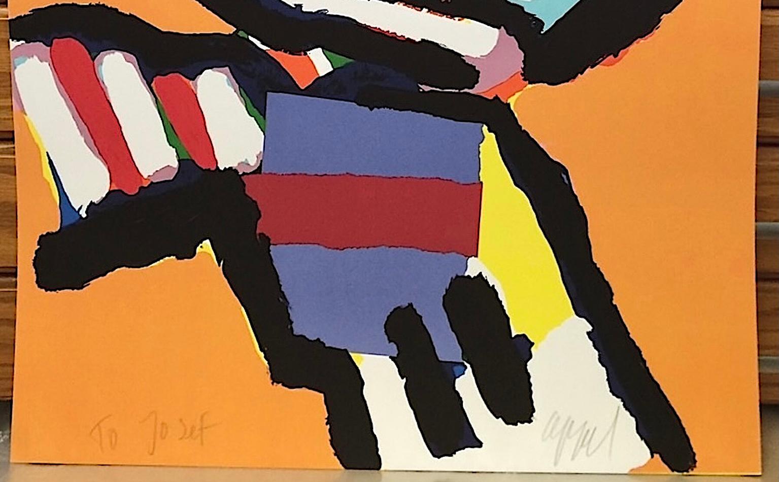 PERSONAGGIO ARANCIONE Litografia firmata, ritratto astratto di gatto, collage di colori vivaci in vendita 2