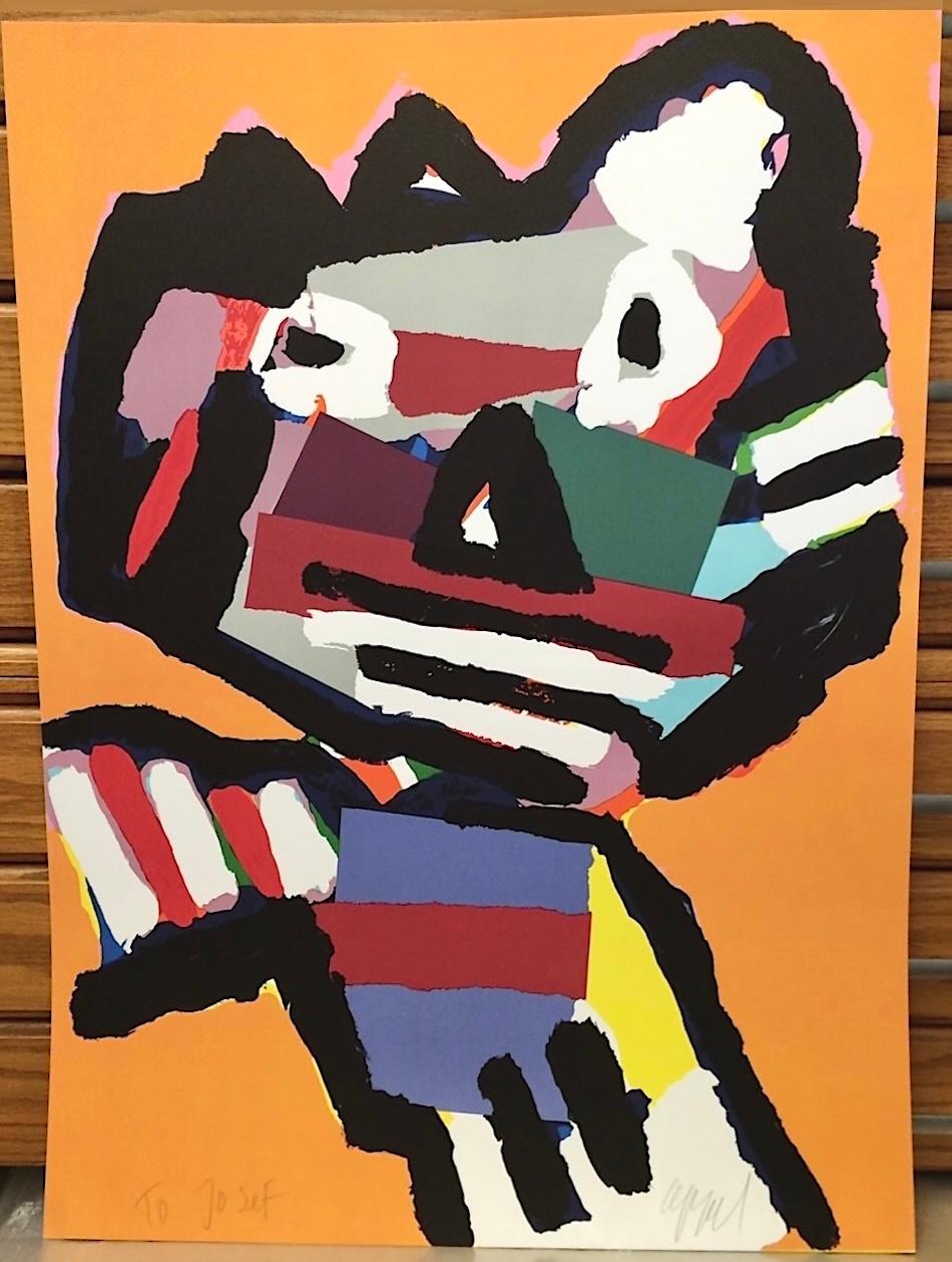 PERSONAGGIO ARANCIONE Litografia firmata, ritratto astratto di gatto, collage di colori vivaci in vendita 3