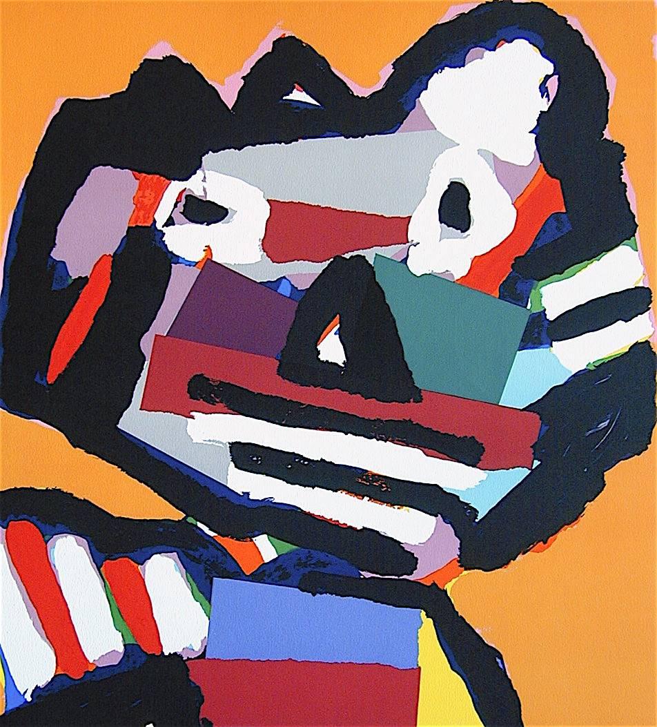 Lithographie ORANGE PERSONAGE signée, portrait de chat abstrait, collage de couleurs vives - Print de Karel Appel