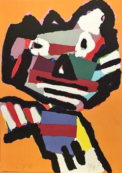 PERSONAGGIO ARANCIONE Litografia firmata, ritratto astratto di gatto, collage di colori vivaci