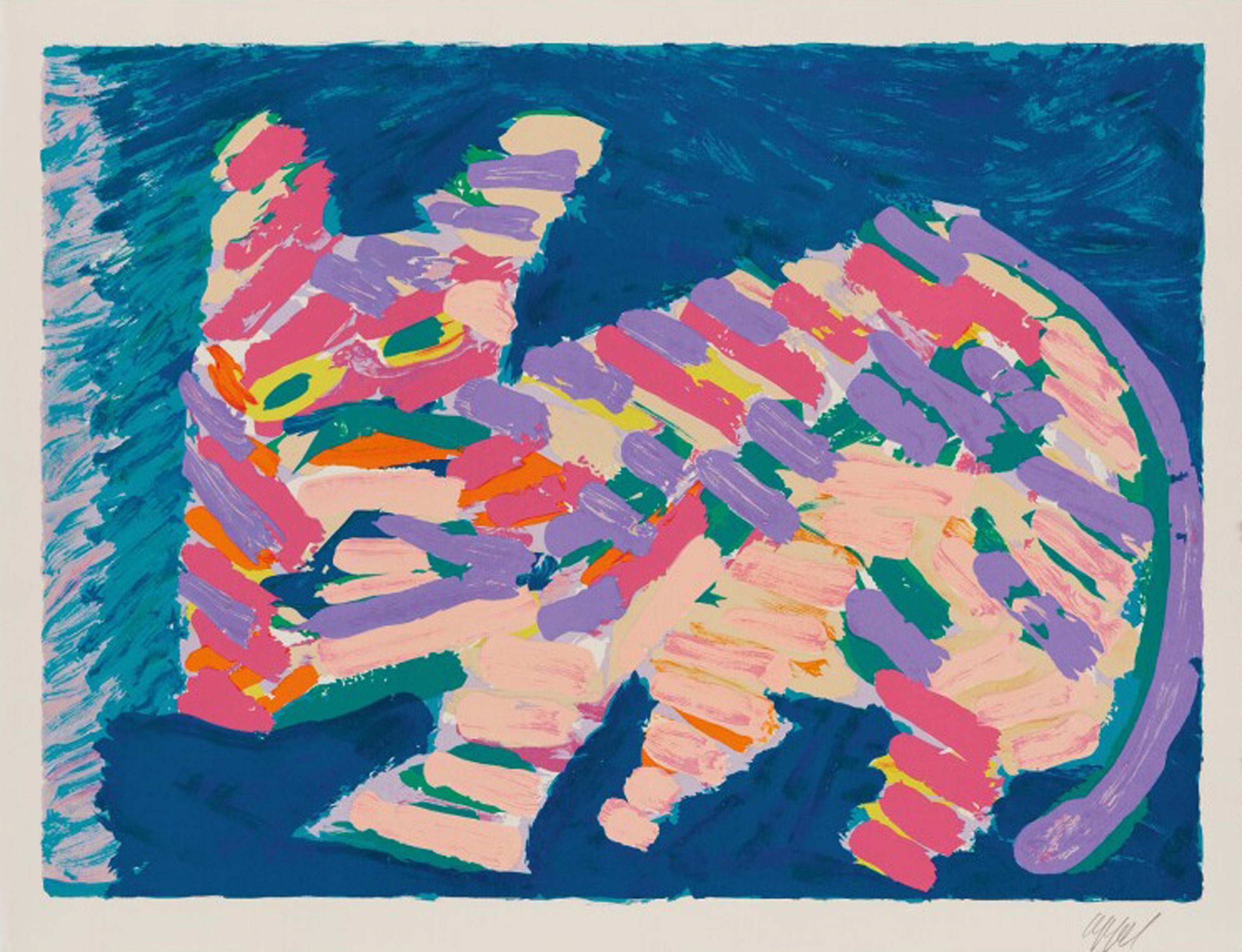 Esta litografía firmada y numerada sobre papel Japón pertenece a una carpeta de 17 grabados del artista moderno Karel Appel. He admiraba al gato doméstico por su comportamiento distante pero instintivo, y se convirtió en uno de sus temas favoritos.