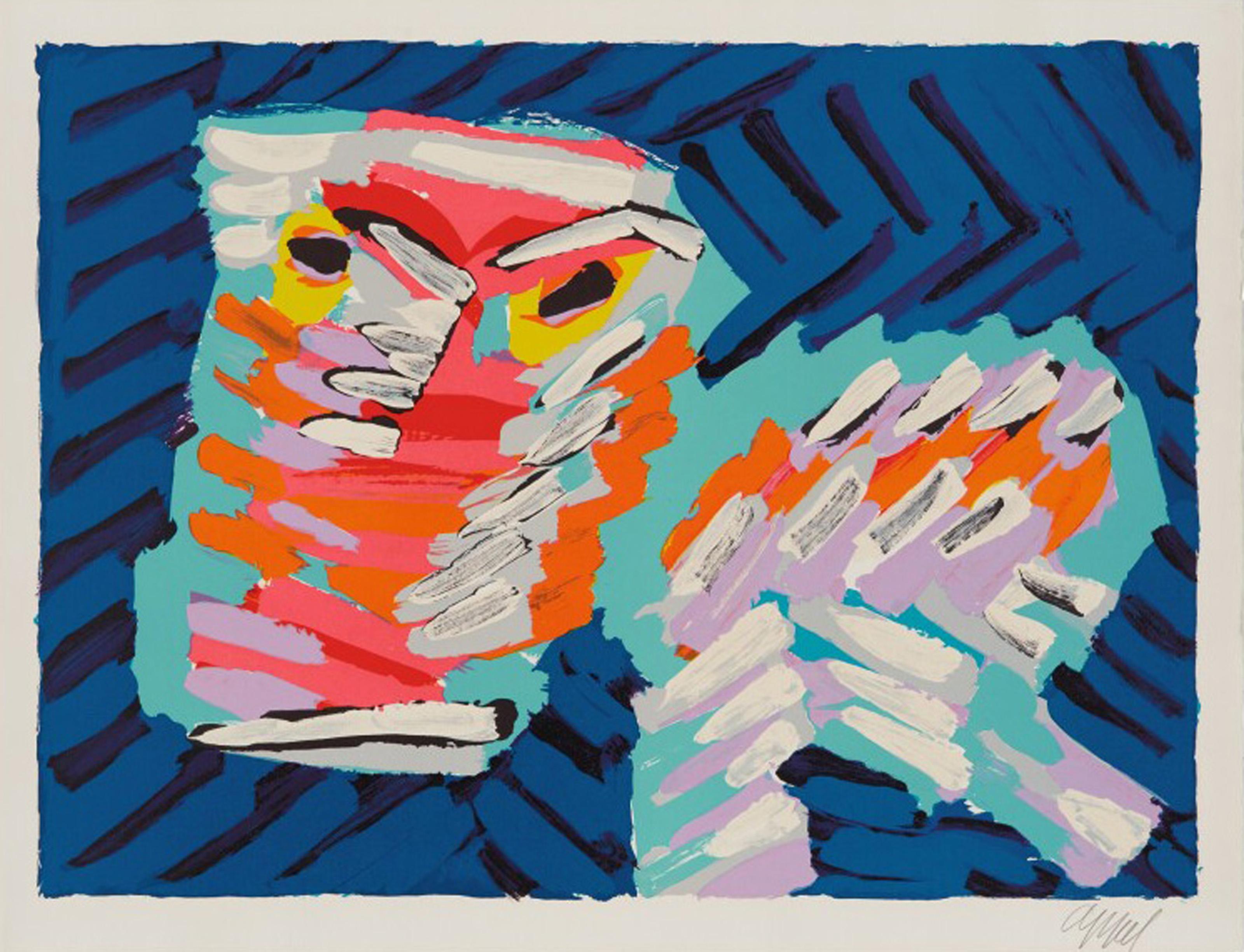 This signed and numbered lithograph on Japon paper is from a portfolio of 17 prints by Modern artist Karel Appel. He admired the domestic house cat for its aloof, yet instinctive, demeanor, and it became one of his favorite subjects. The portfolio