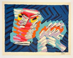 Karel Appel Abstract Cat Color Lithograph Print, Signed, 1978, Sad Cat
