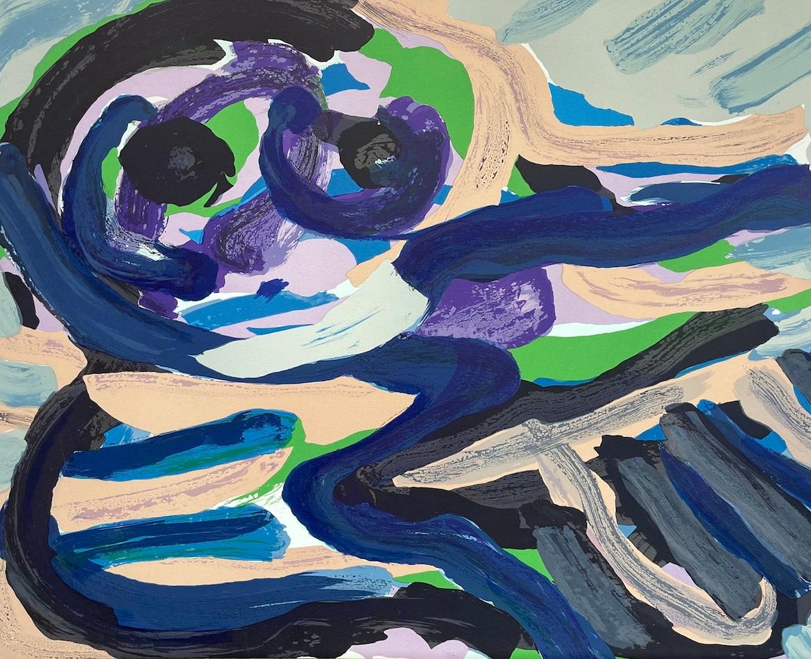 Lithographie signée « SITTING IN A LANDSCAPE », animal abstrait, bleu vert gris beige - Print de Karel Appel