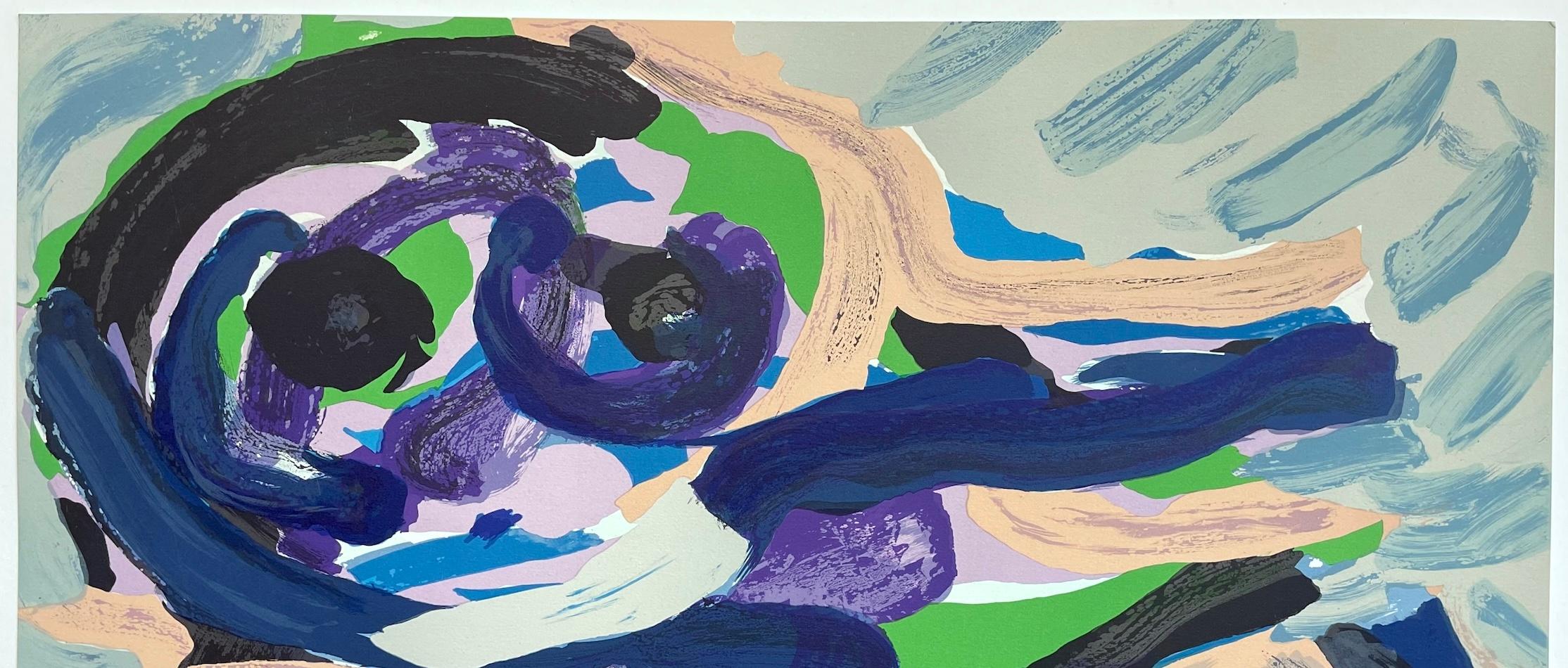 Lithographie signée « SITTING IN A LANDSCAPE », animal abstrait, bleu vert gris beige en vente 1