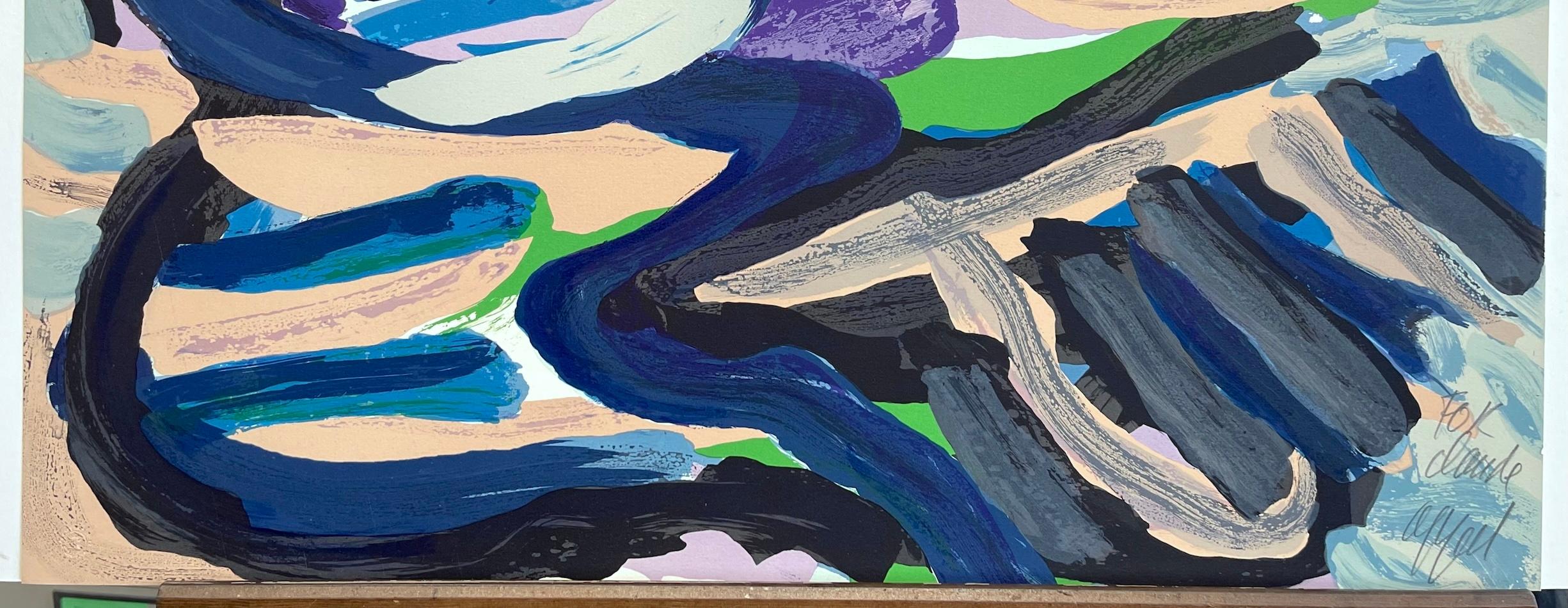 Lithographie signée « SITTING IN A LANDSCAPE », animal abstrait, bleu vert gris beige en vente 2