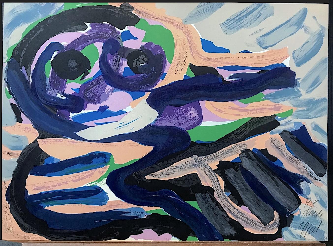 Lithographie signée « SITTING IN A LANDSCAPE », animal abstrait, bleu vert gris beige en vente 3