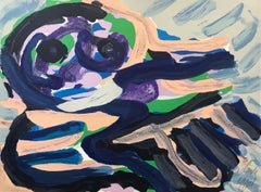Lithographie signée « SITTING IN A LANDSCAPE », animal abstrait, bleu vert gris beige