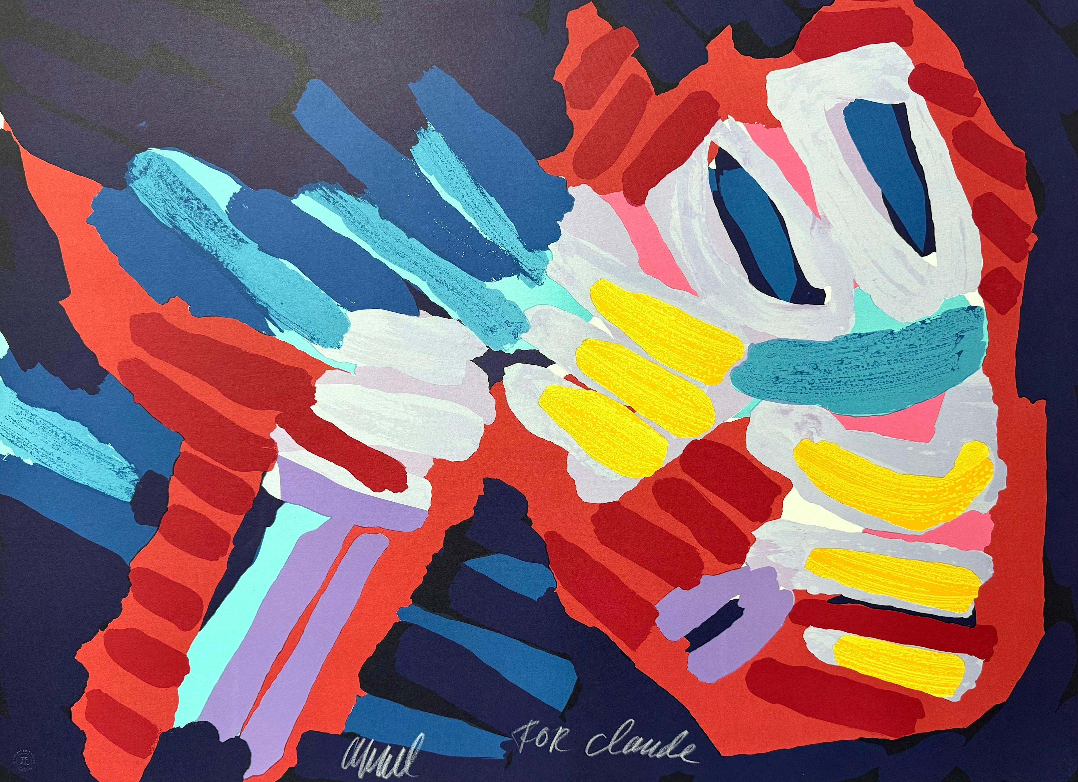 Karel Appel Animal Print - SLEEPY BIRD, Signed Lithograph 1979, Abstract Composition, Smiling Face