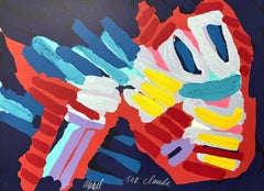 SLEEPY BIRD, Litografia autografata del 1979, Composizione astratta, Volto sorridente