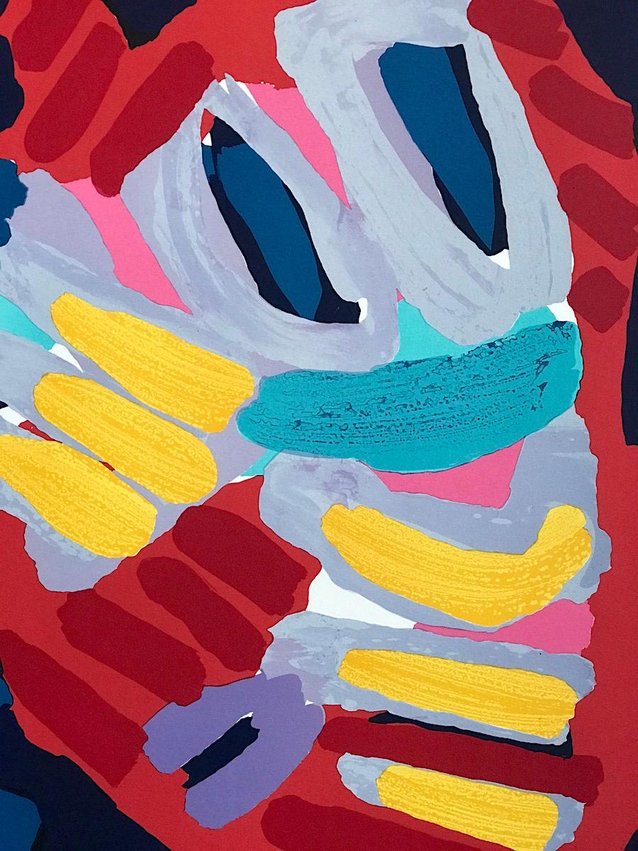 SLEEPY BIRD, Signed Lithograph, Abstract Bird, Smiling Face, Red Yellow Lavender - Print by Karel Appel