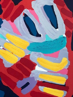 SLEEPY BIRD, Signed Lithograph, Abstract Bird, Smiling Face, Red Yellow Lavender