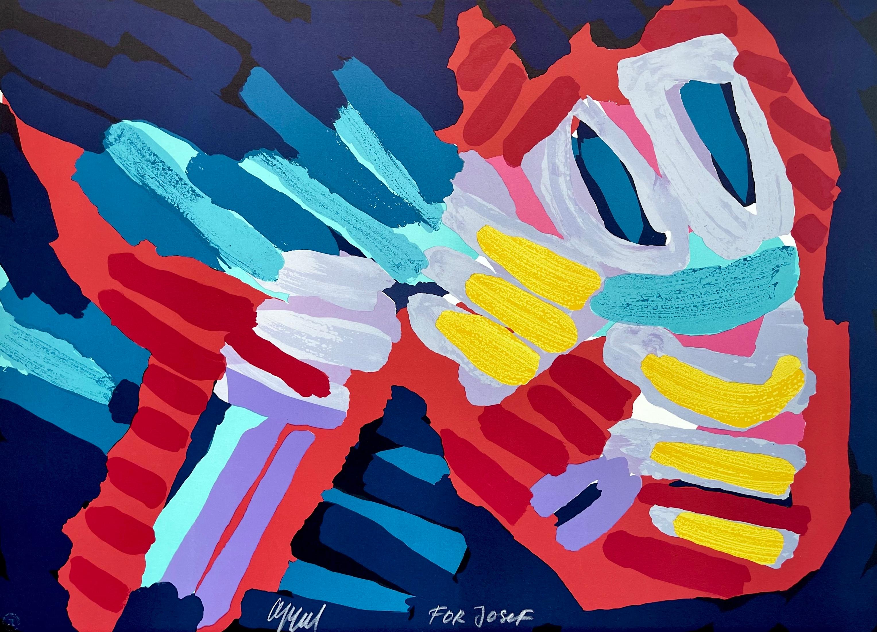 Abstract Print di Karel Appel - SLEEPY BIRD, litografia firmata, uccello astratto, faccia sorridente, rosso giallo lavanda