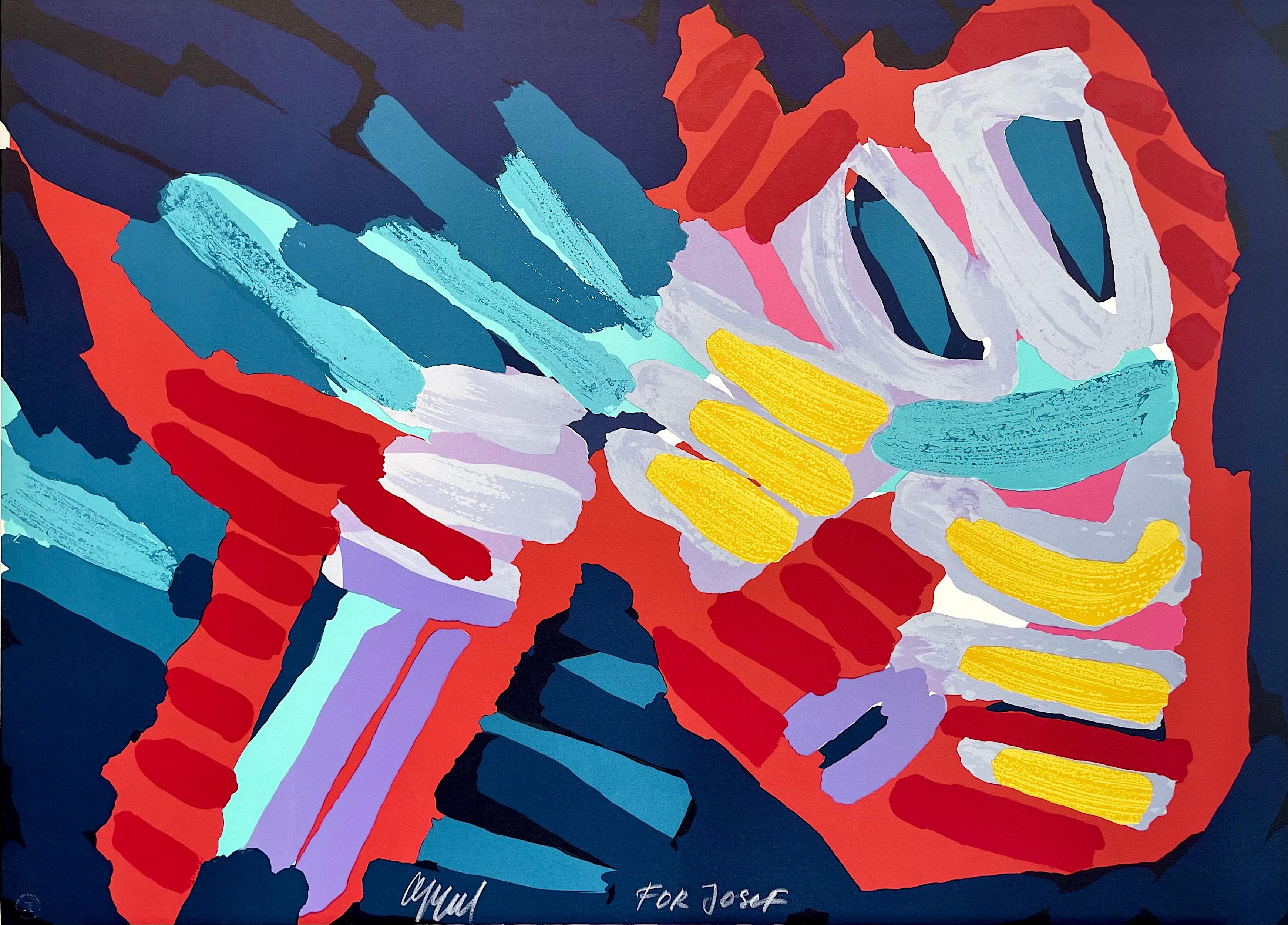 Karel Appel Abstract Print - SLEEPY BIRD, Signed Lithograph, Abstract Bird, Smiling Face, Red Yellow Lavender