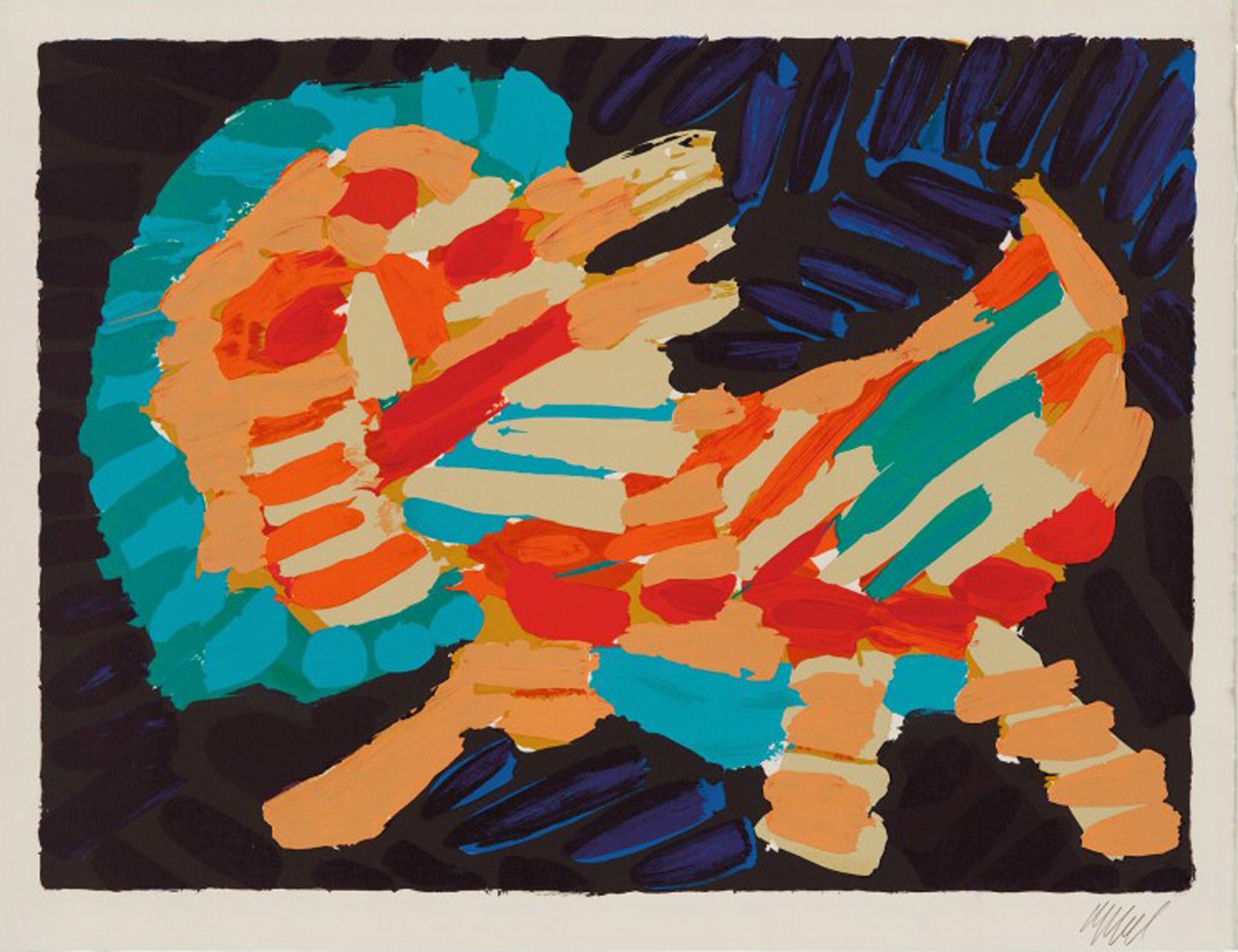 Esta litografía firmada y numerada sobre papel Japón pertenece a una carpeta de 17 grabados del artista moderno Karel Appel. He admiraba al gato doméstico por su comportamiento distante pero instintivo, y se convirtió en uno de sus temas favoritos.