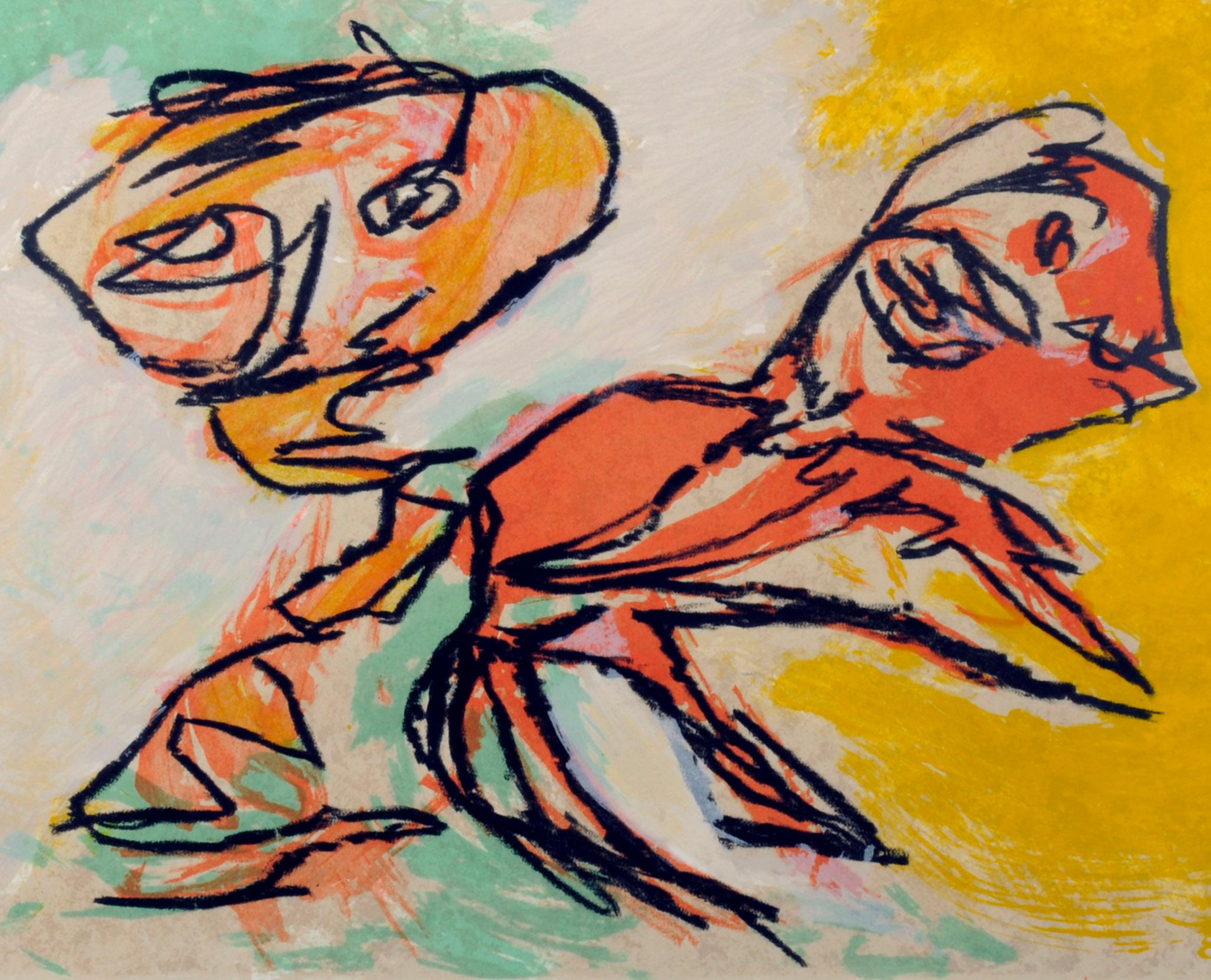 Sprong in de Lente (Deux Personnages) - Beige Abstract Print par Karel Appel