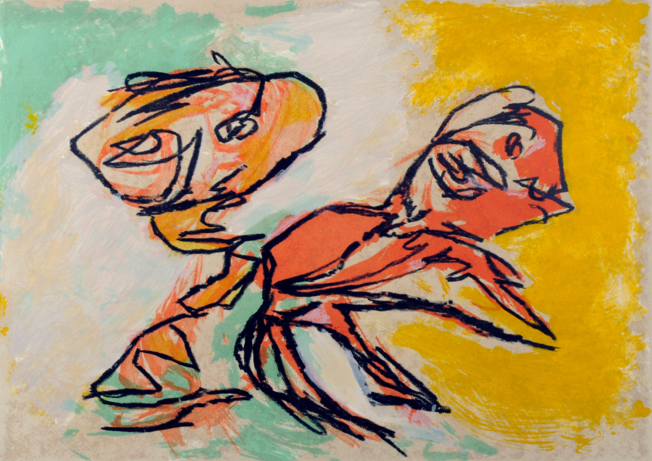 Sprong in de Lente (Deux Personnages)
Lithographie en couleurs, 1963
Signé, daté et numéroté au crayon (voir photos)
Edition : 25
Signé, daté et numéroté au crayon
Imprimé sur papier Arches
Probablement exposé à la David Anderson Gallery/Martha