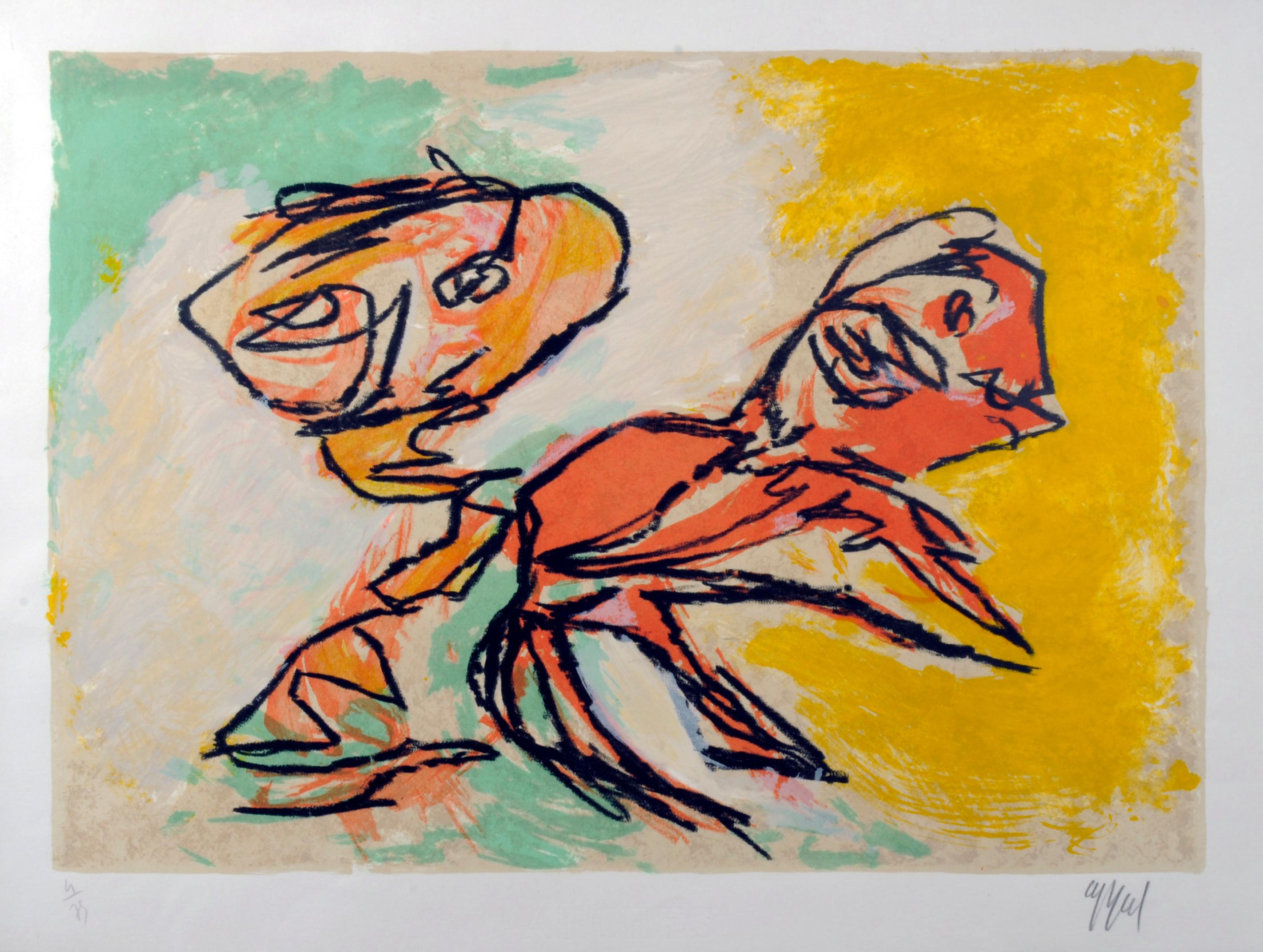 Abstract Print Karel Appel - Sprong in de Lente (Deux Personnages)