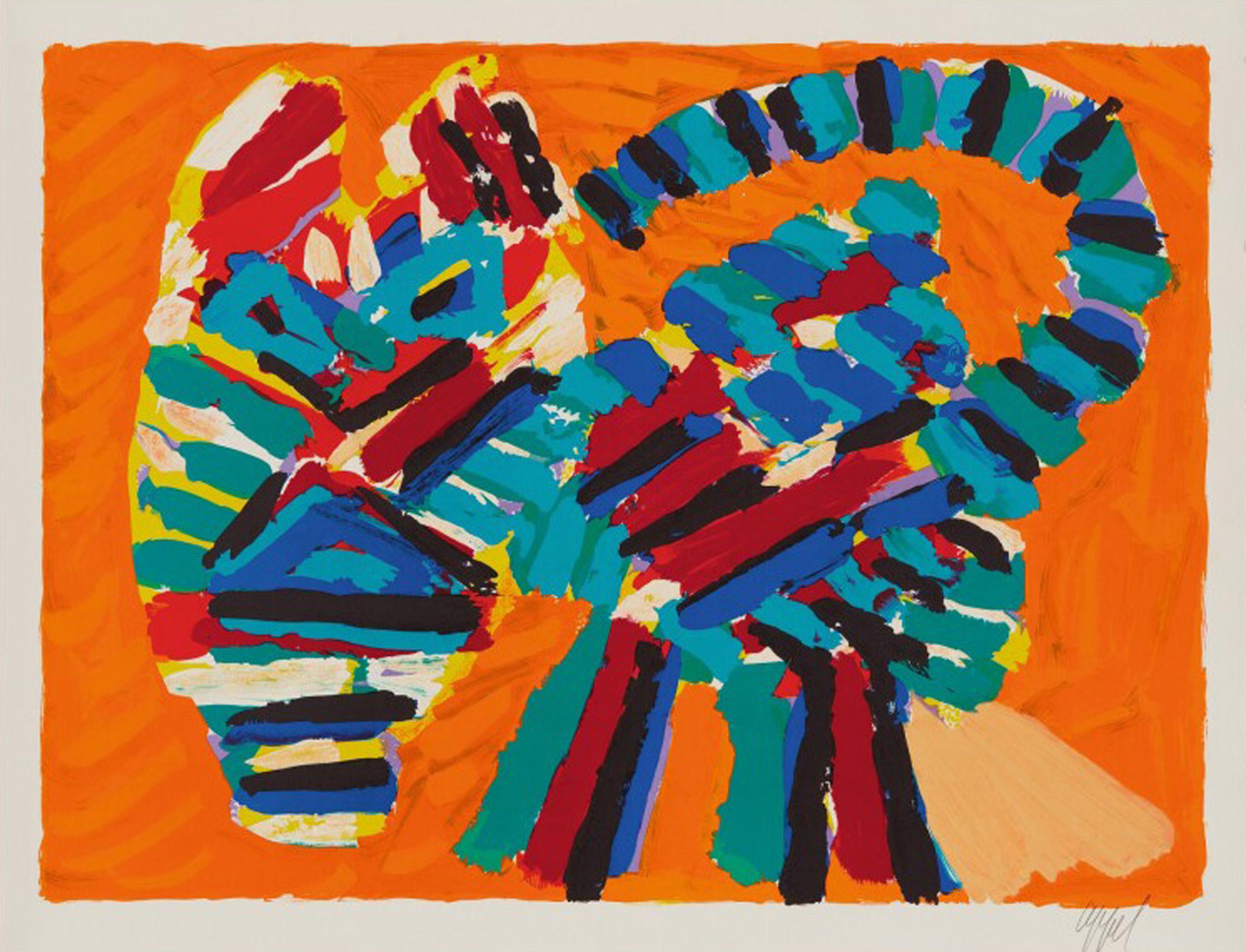 Esta litografía firmada y numerada sobre papel Japón pertenece a una carpeta de 17 grabados del artista moderno Karel Appel. He admiraba al gato doméstico por su comportamiento distante pero instintivo, y se convirtió en uno de sus temas favoritos.