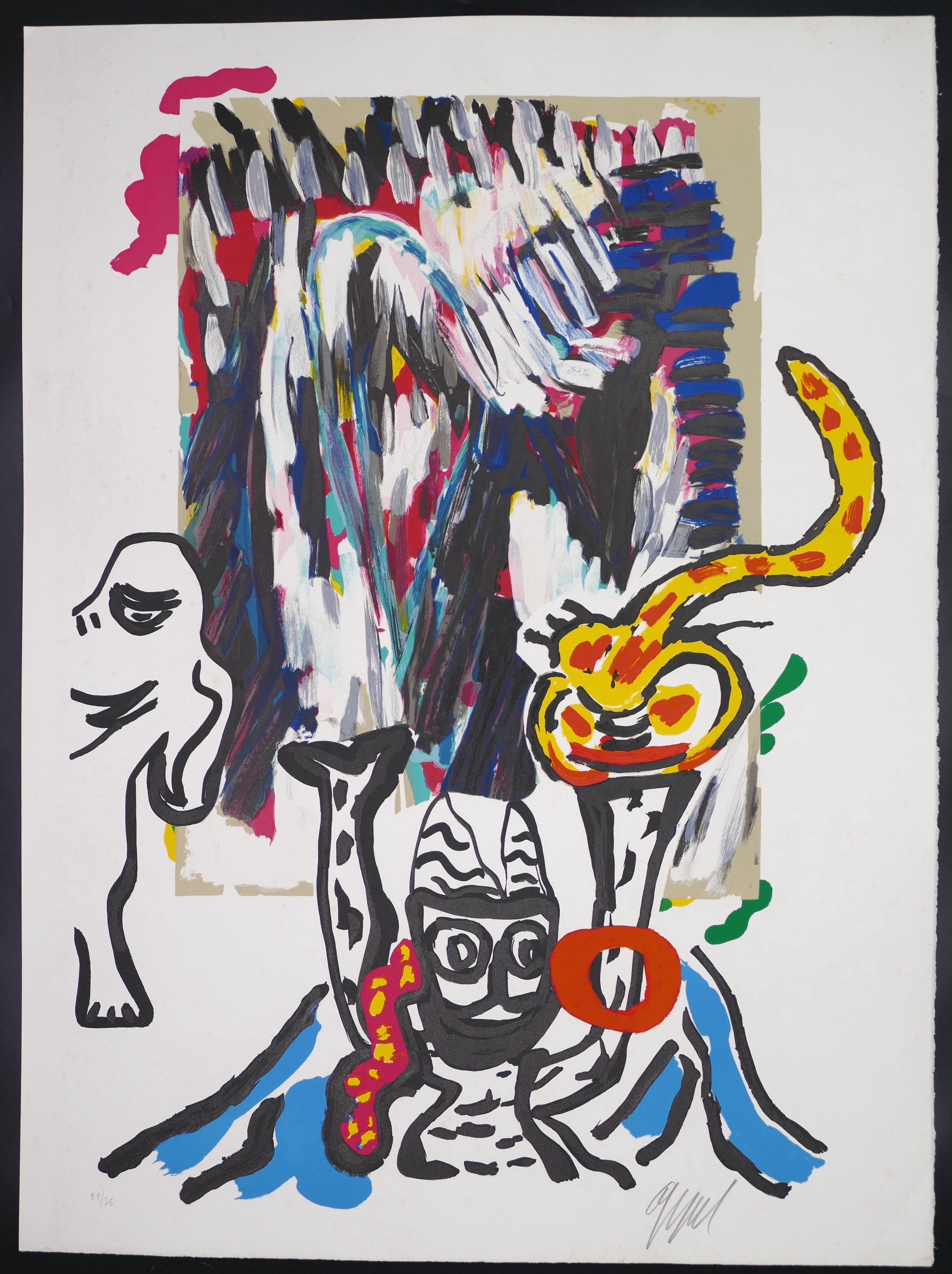 Tantrika est une œuvre d'art contemporain originale réalisée par Karel Appel.  (Amsterdam, 1921 - Zurich, 2006) en 1985

Signé à la main au crayon dans la marge inférieure droite au crayon : Appel.

Numéroté au crayon dans le coin inférieur gauche :